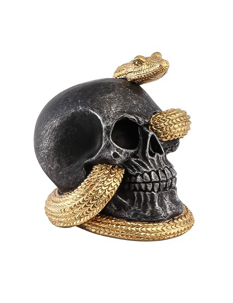 Deko-SchÃ¤del aus Resin mit goldener Schlange 14,5 cm