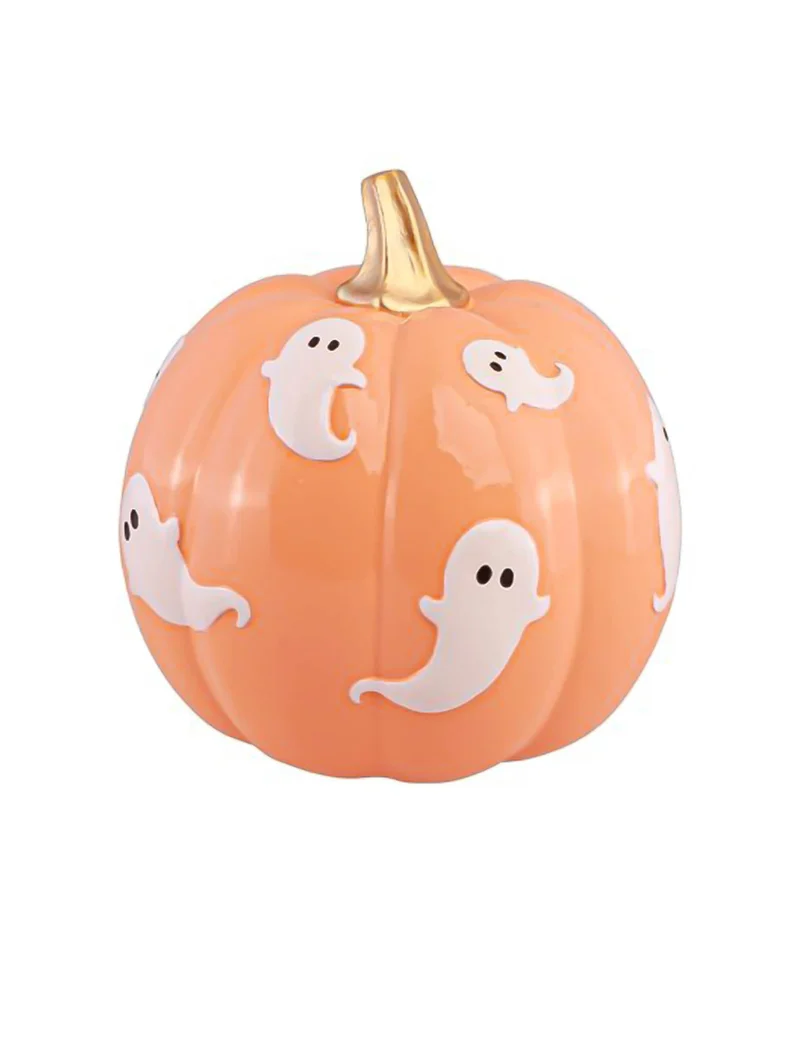 Summerween KÃ¼rbis Deko Pastellorange mit weiÃŸen Gespenstern 14,8 cm