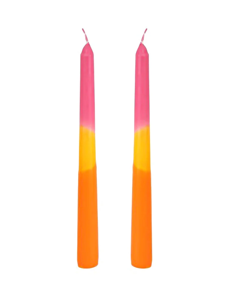 2 lange Kerzen tricolor Rosa-Gelb-Orange 25cm