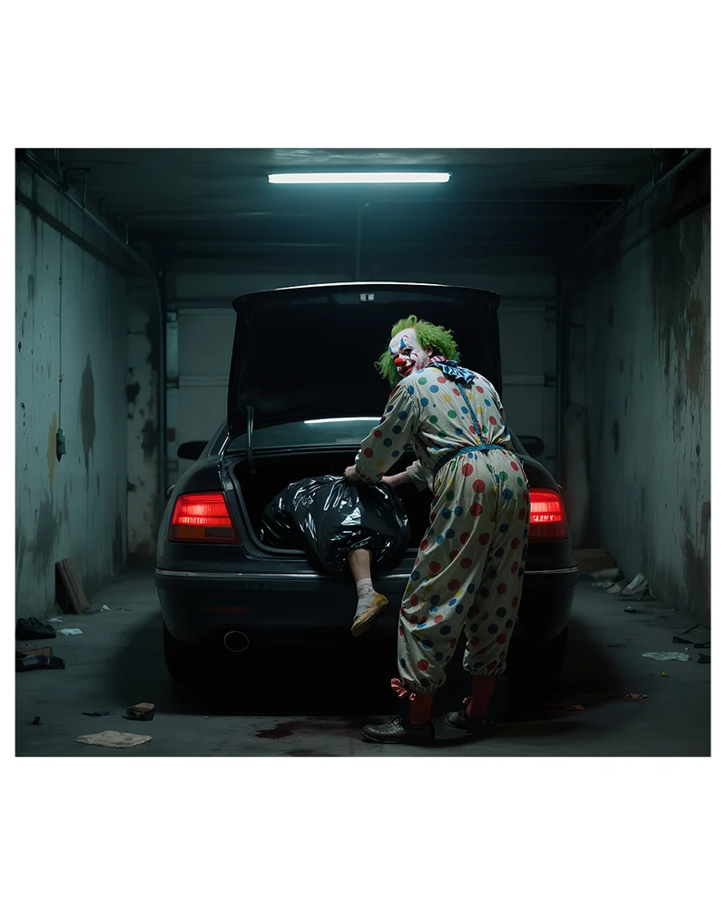 Horror Clown mit Opfer XXL Garagentor Banner 245x215cm Halloween Deko Stoff