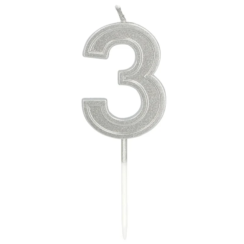 Kerze „Elegant ‚3‘“ in Silber auf Stäbchen (3 x 4,2 x 0,7 cm)