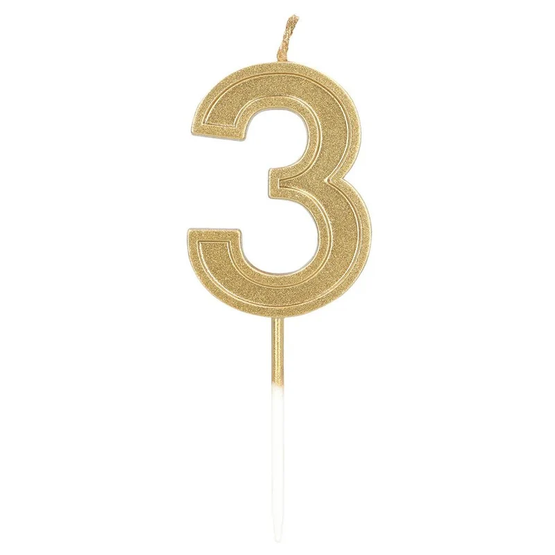Kerze „Elegant ‚3‘“ in Gold auf Stäbchen (3 x 4,2 x 0,7 cm)