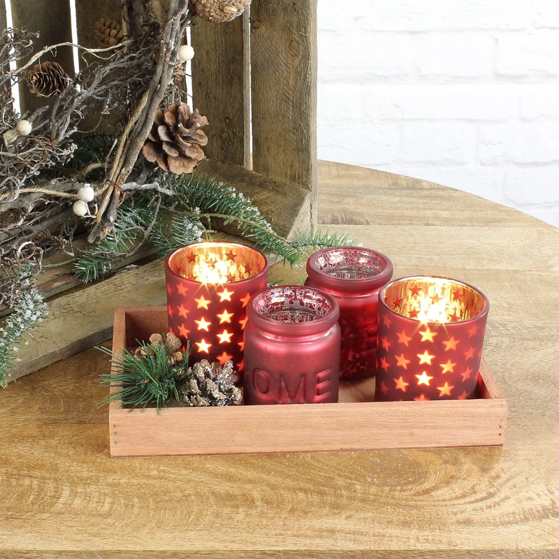 Teelichthalter 4St. Glas, auf Holzplatte mit Zweigen + Tannenzapfen, rot matt