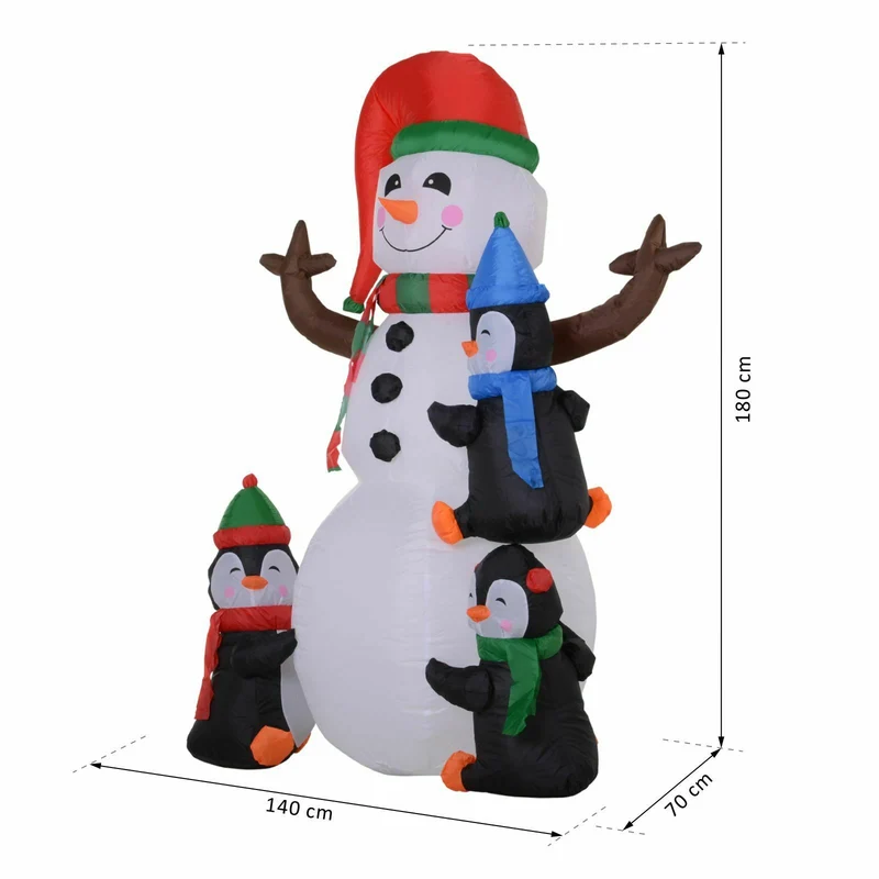 Aufblasbarer Schneemann mit 3 Pinguinen, 180 cm mit LED-Beleuchtung. Weihnachten Deko Luftfigur