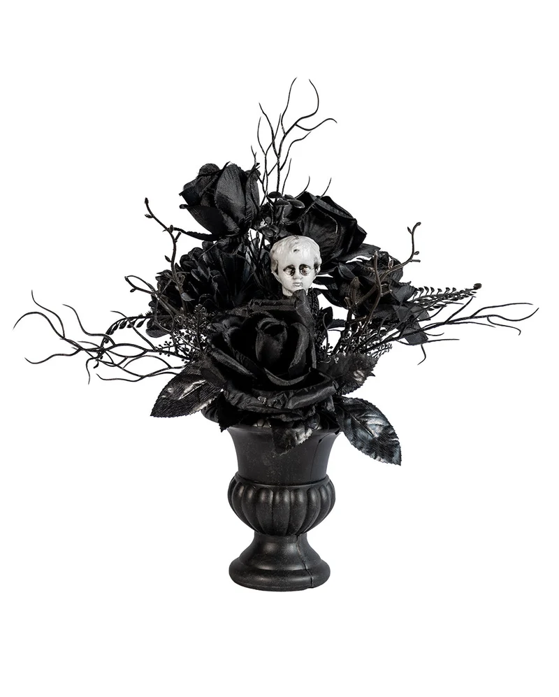 Gothic Vase mit schwarzen Rosen & Puttenkopf 31cm,