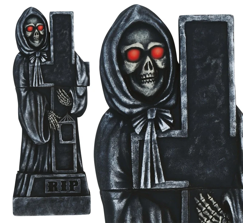 Halloween-Grabstein, grau, Skelettkreuz mit Licht, 1,2 m