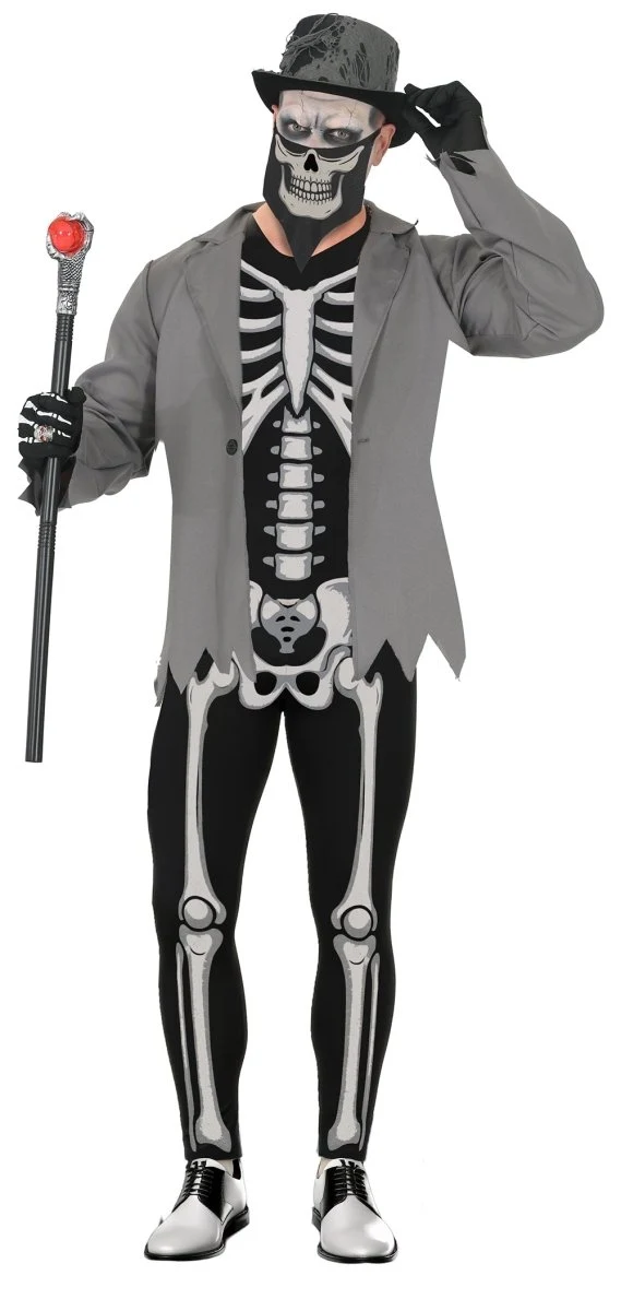 Halloween-Kostüm, weiß-schwarz, Herren, Skelett, 3-teilig