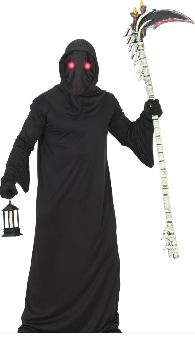 Halloween-Kostüm für Herren, schwarz, mit dunkelroten Augen und Licht