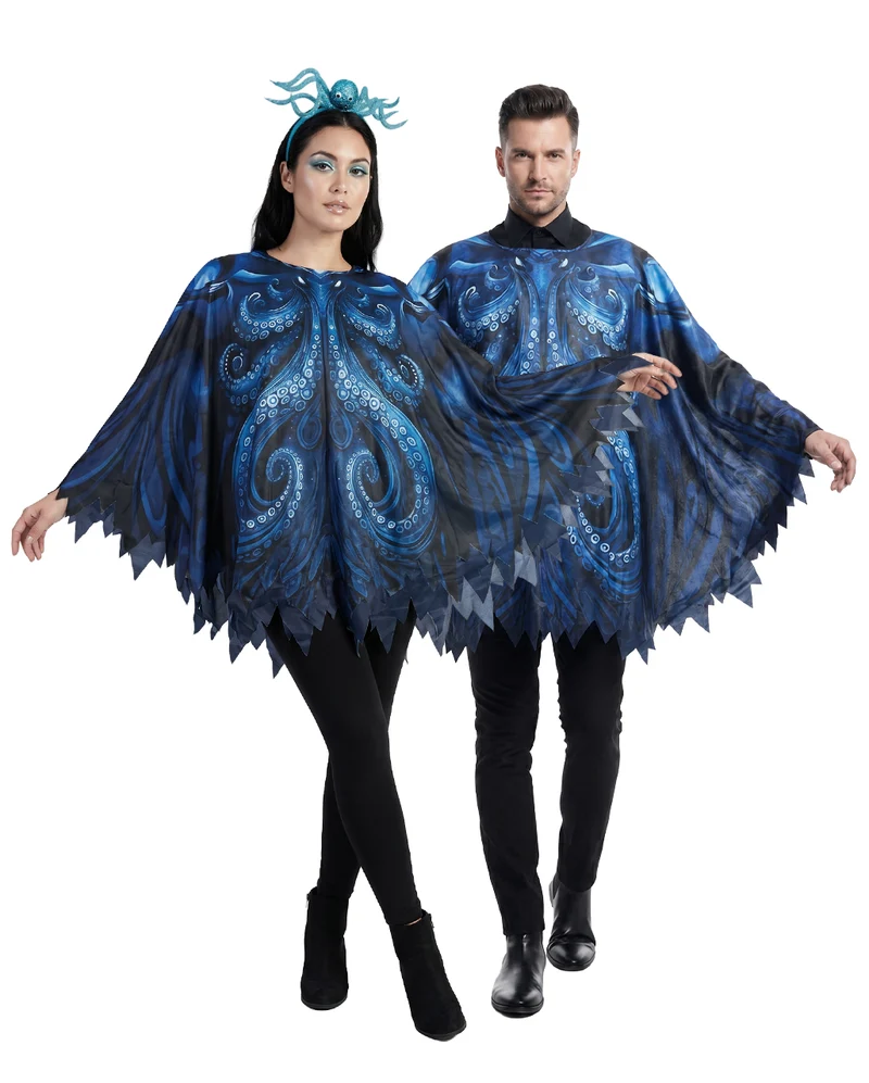 Schwarzer Tintenfisch Poncho mit blauem Oktopus