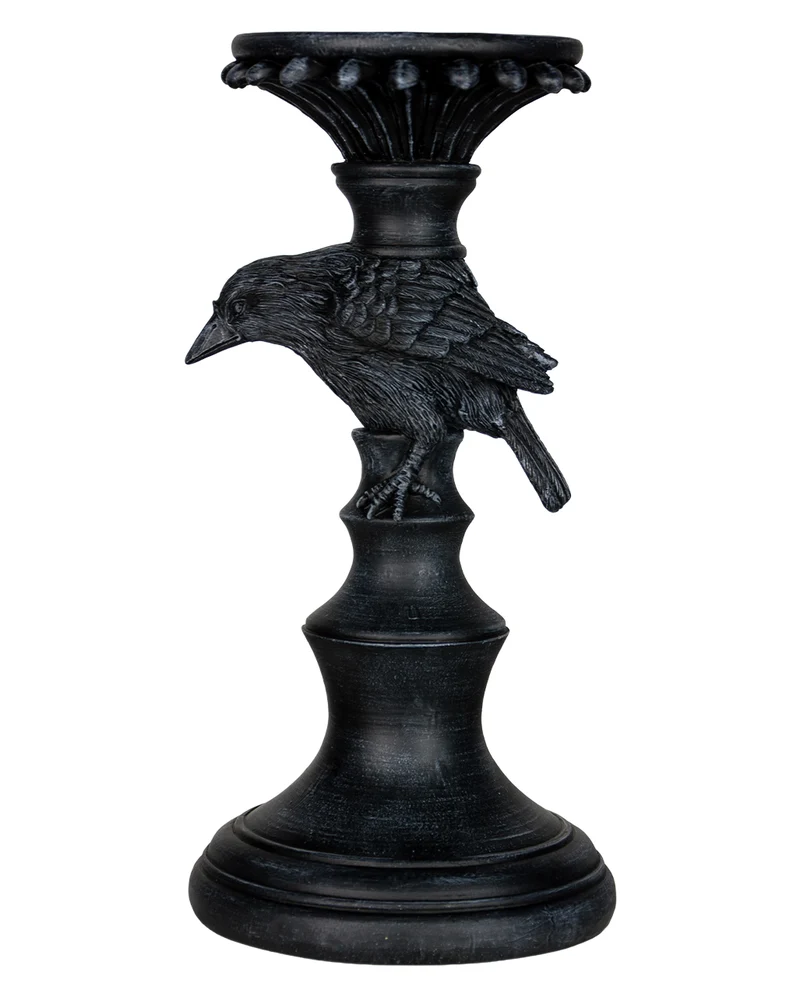 Schwarzer Gothic Kerzenständer mit Krähe 28cm