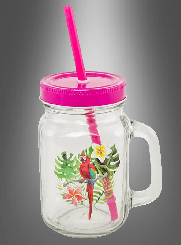 Trinkglas mit Deckel u. Strohhalm Papagei 470ml
