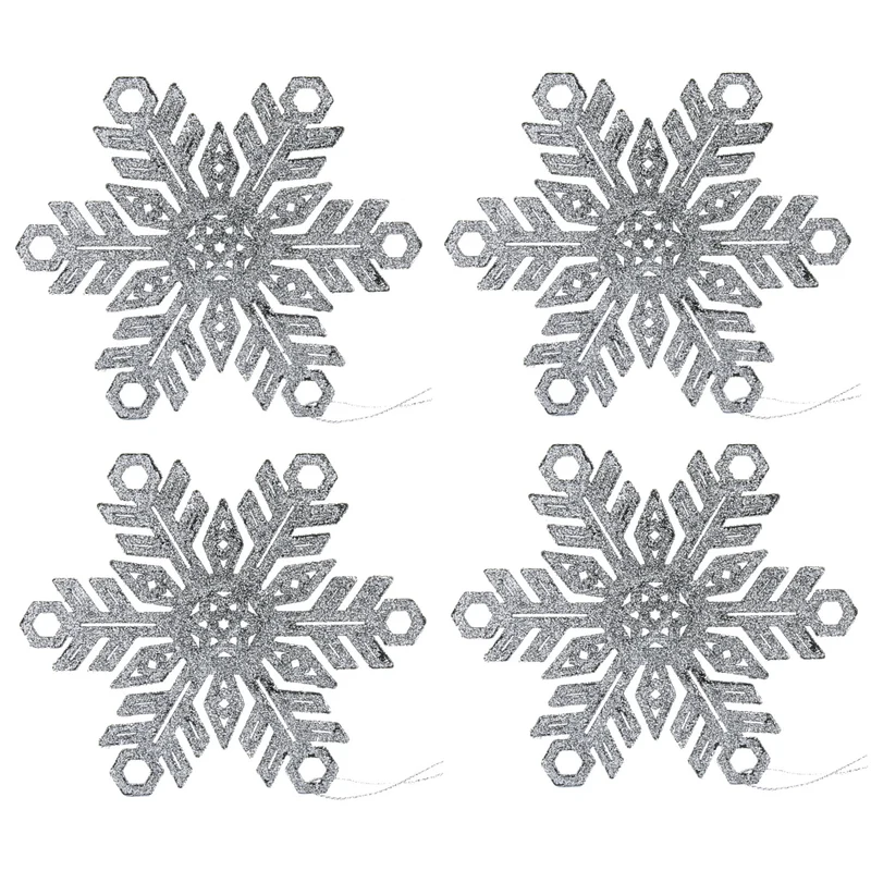 4er Set Christbaumhänger Schneeflocke Silber Glitzer
