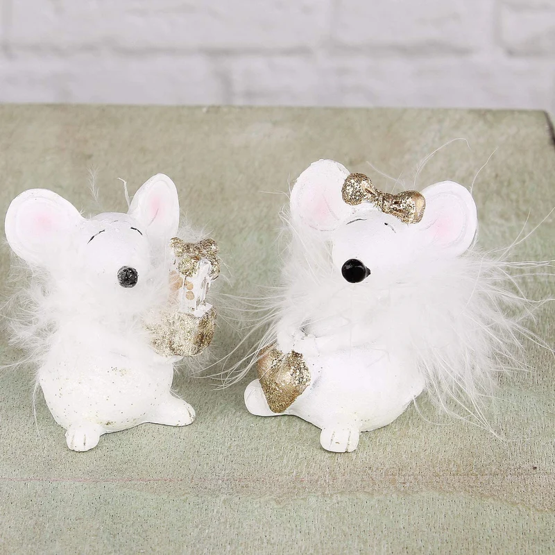 Mäuse 2x mit Federboa weiss gold