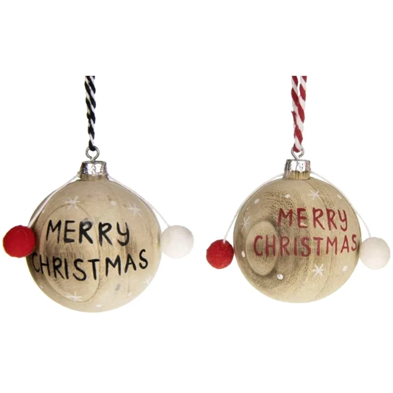 Weihnachtskugel Holz klein "Merry Christmas" rot und schwarz