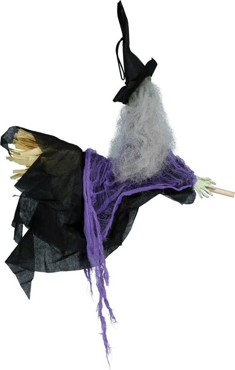 Halloween-Pop-Figur: Hängende Hexe mit Besen, 44 cm