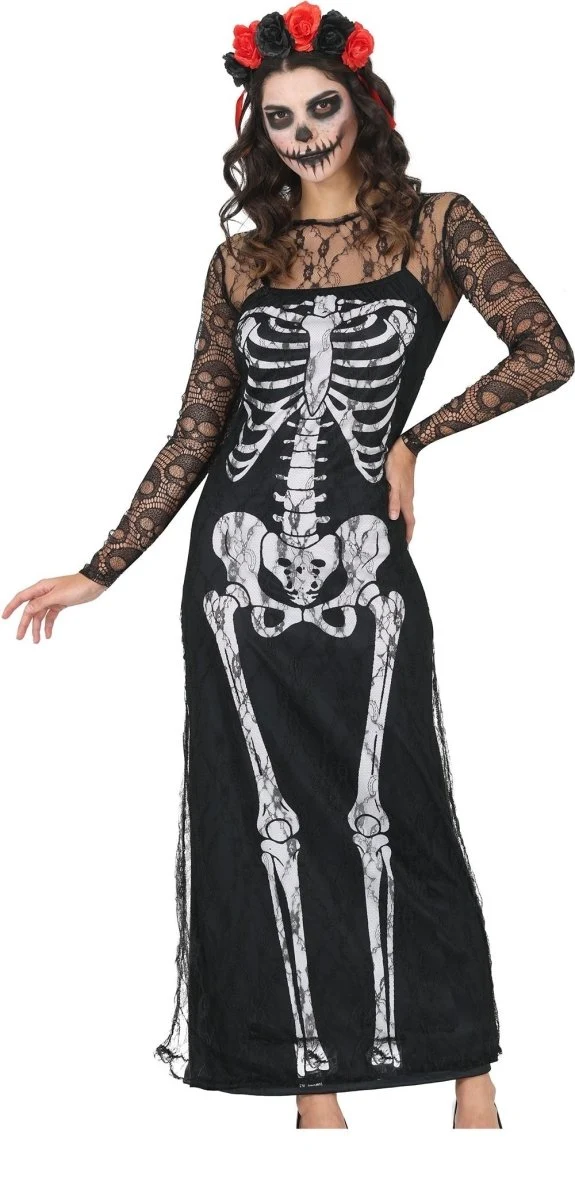 Halloween-Kleid, schwarz, Damen, Skelett