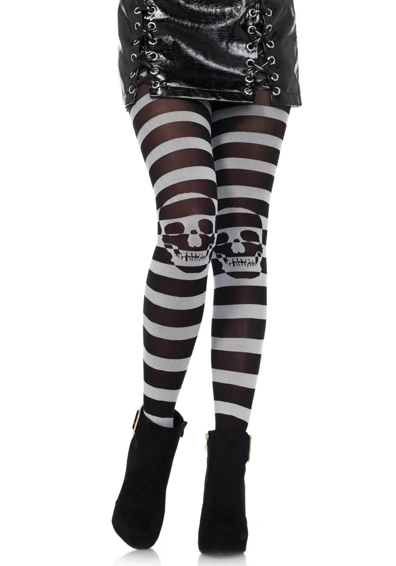 Gestreifte Strumpfhose mit Totenköpfen Halloween-Accessoire schwarz-weiss