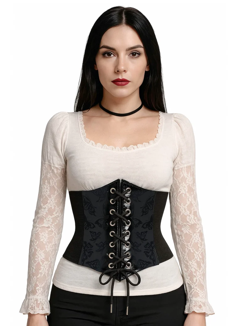 Schwarzes elastisches Korsett mit Schmetterlingsmuster