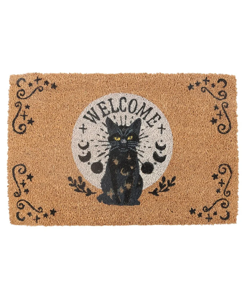 Schwarze Magick Katze Türmatte aus Kokosfaser 60cm