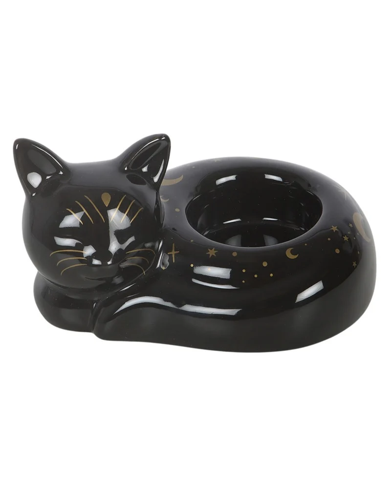 Schwarze, Schlafende Katze Teelichthalter 12cm
