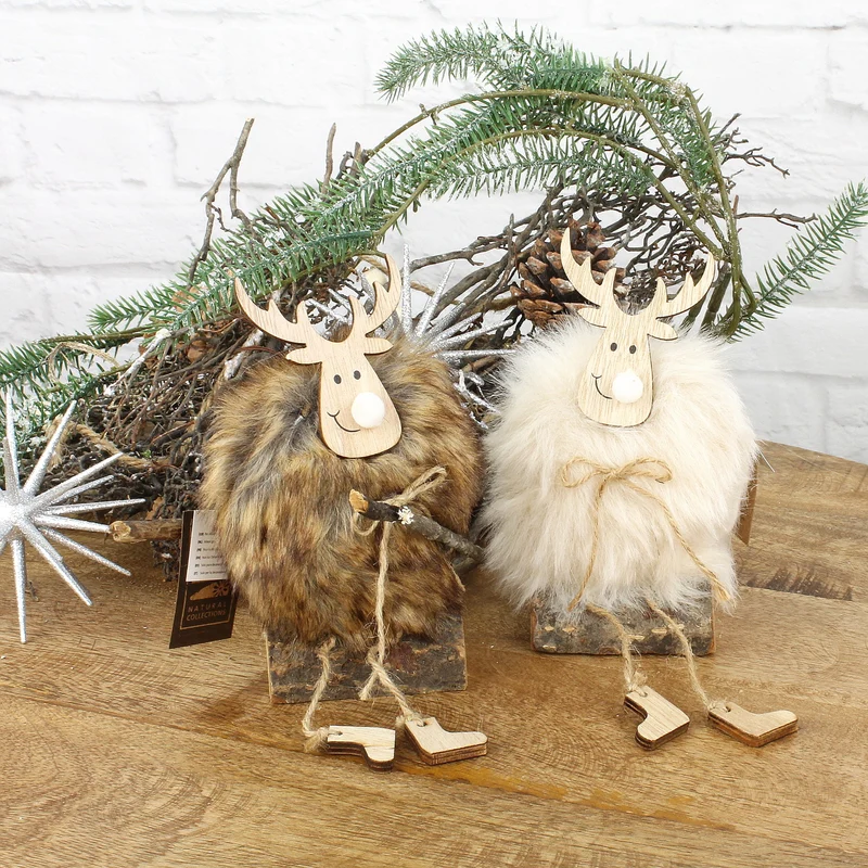 2er Set Rentier mit Fell Holz Beige