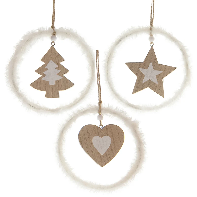3er Set Weihnachtshänger mit Fell rund Holz