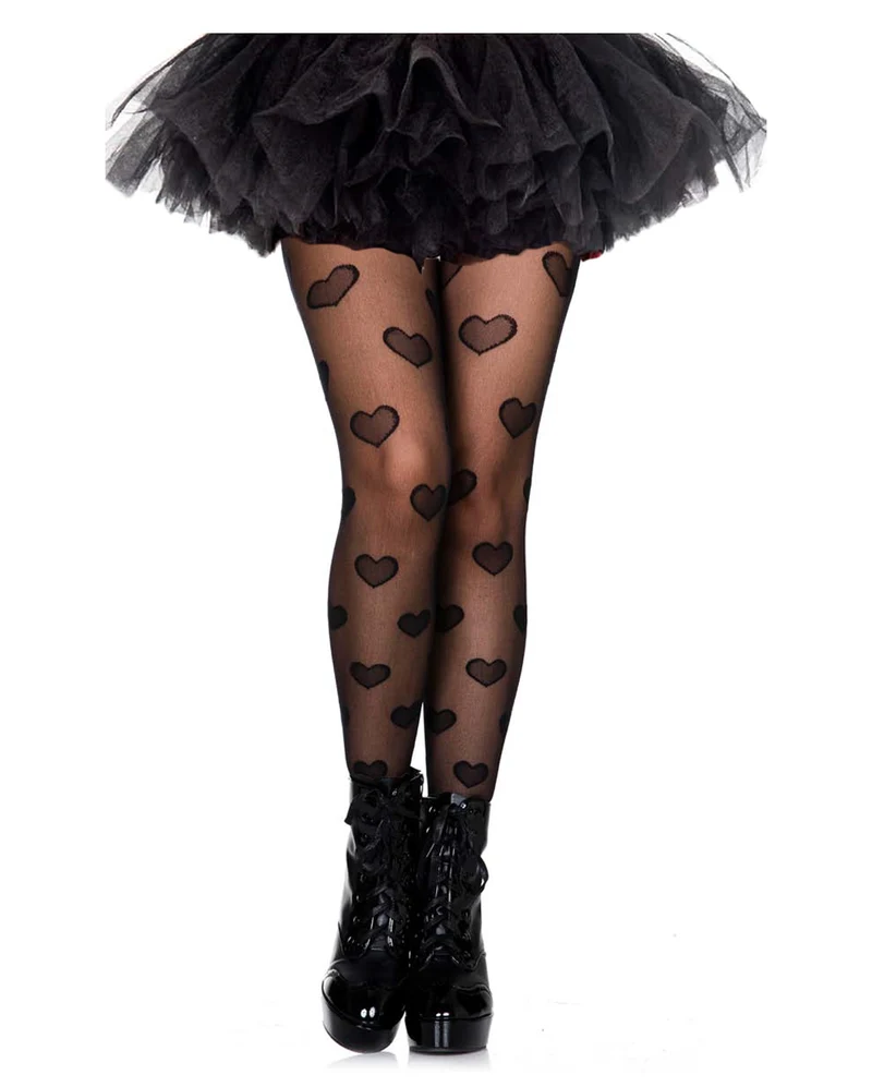 Schwarze Gothic Nylonstrumpfhose mit Schwarzen Herzen
