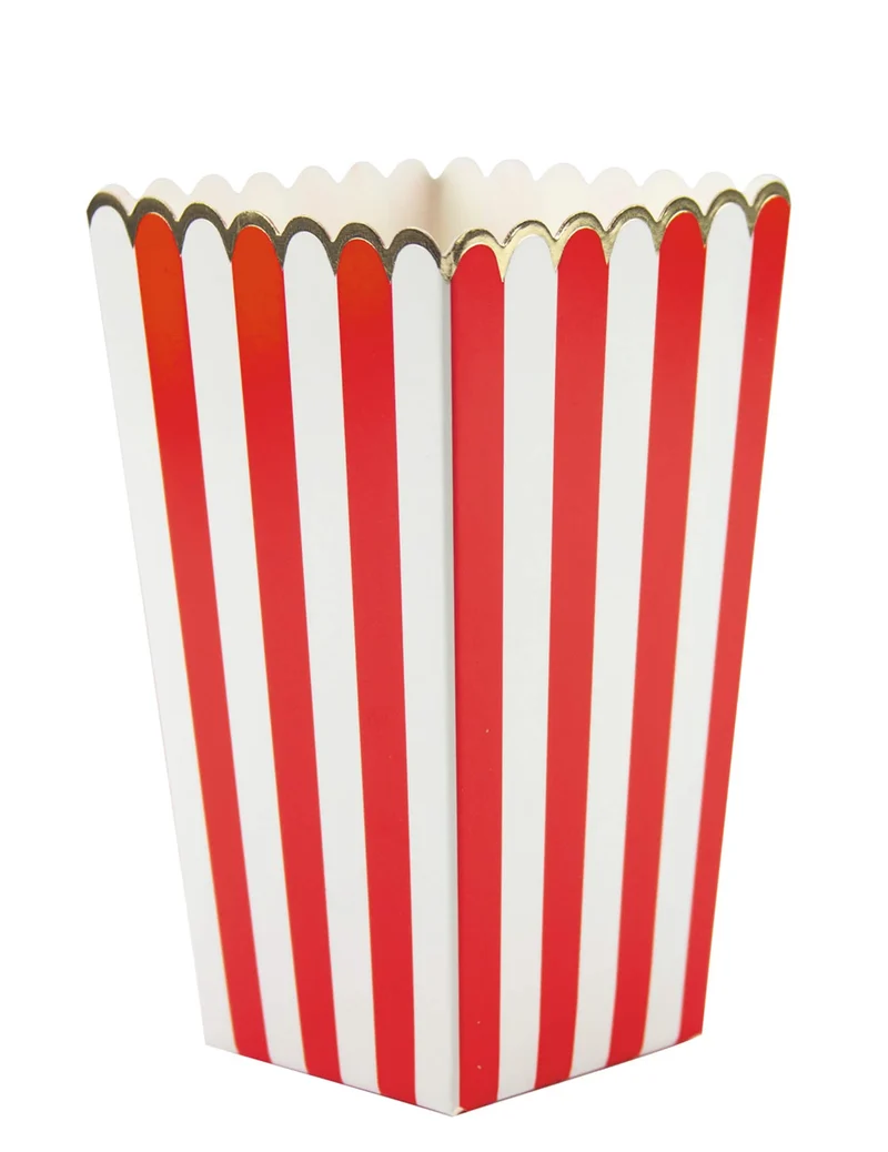 8 rot-weiß gestreifte Popcornboxen mit goldener Bordüre