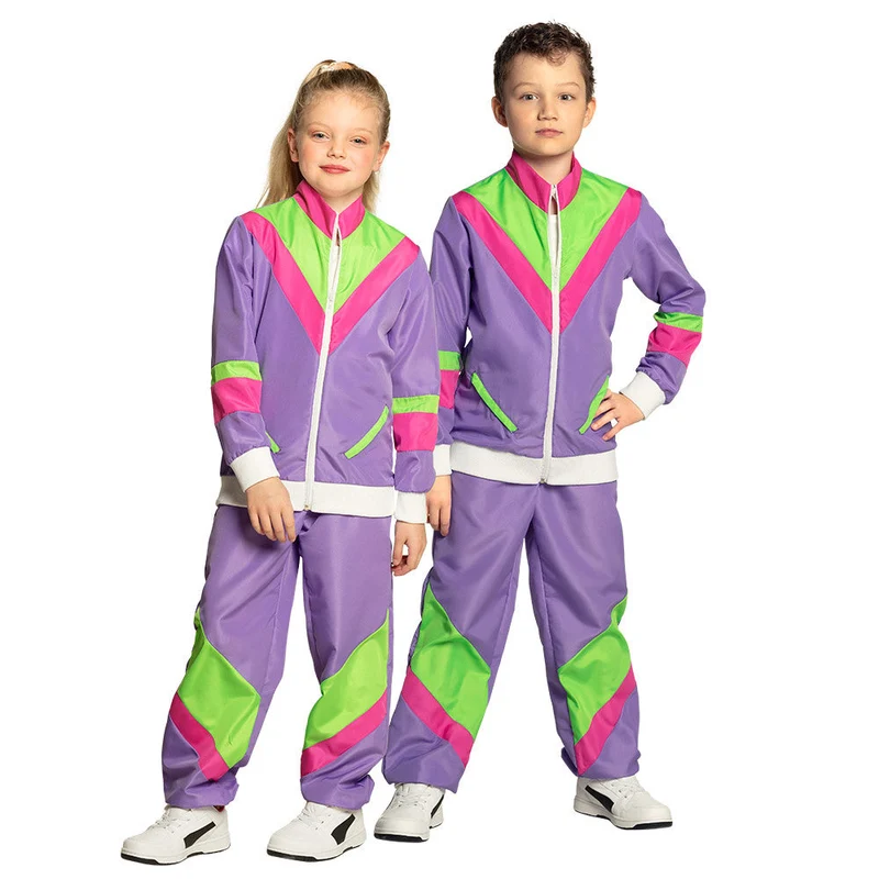 Fout Trainingspak Kind Paars – Retro Jasje & Broek in Lila/Groen