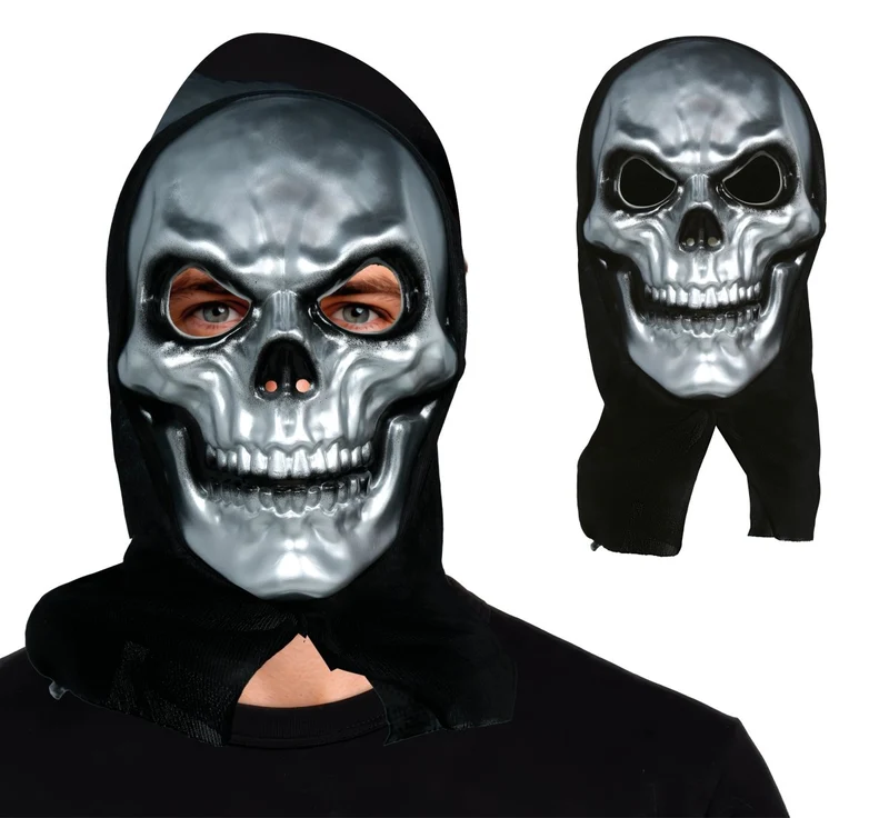 Halloween-Maske: Silbernes Skelett mit Kapuze
