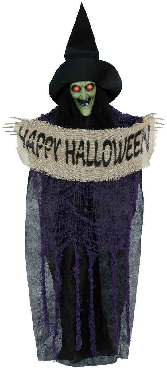 Halloween-Pop: Hängende Hexe mit Schild, 1,10 m