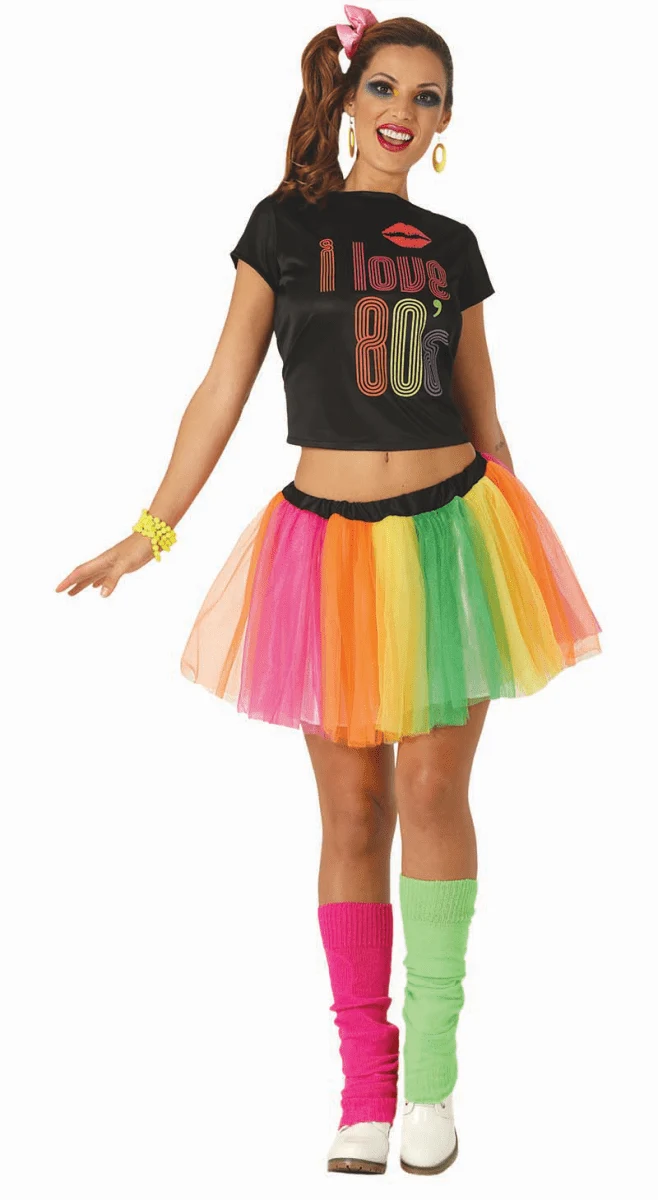 Neon 80’s Kostuum Dames – Gekleurd T-Shirt & Rok | Foute Party Outfit