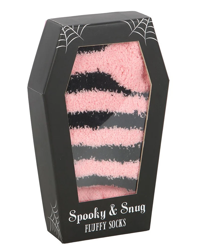 Pink & Schwarz gestreifte Fluffy Socken in Sargbox