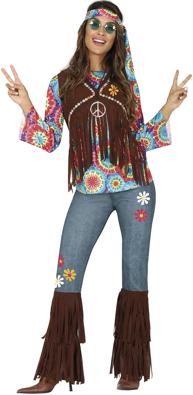 Hippie 60s Kostuum Dames – Gekleurd met Bruin Vest | Flower Power Outfit