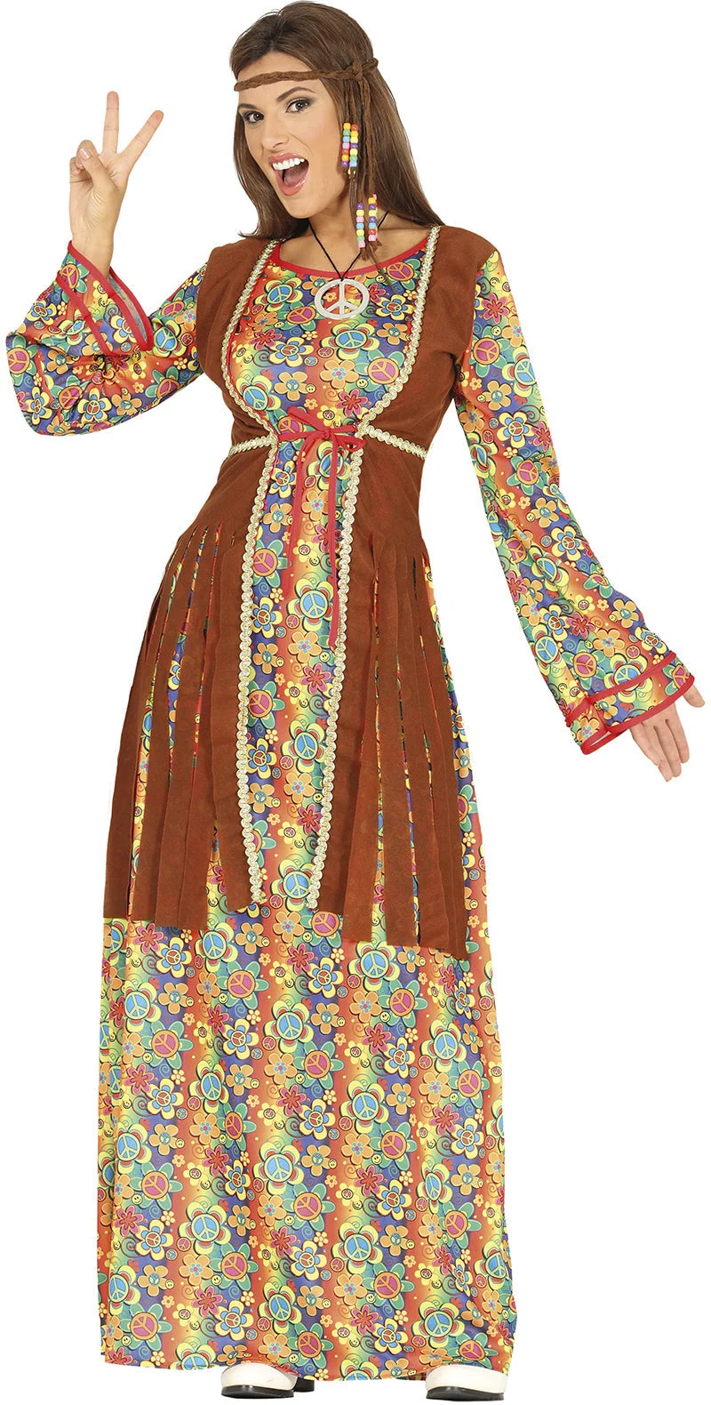 Hippie 60s Kostuum Dames – Bloemen Jurk met Vest | Flower Power Outfit