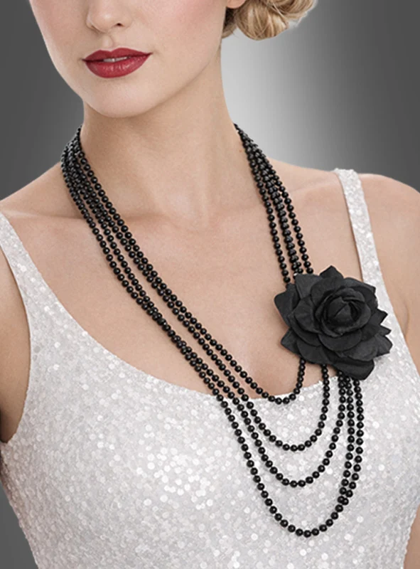 20er Perlenkette mit Blume schwarz