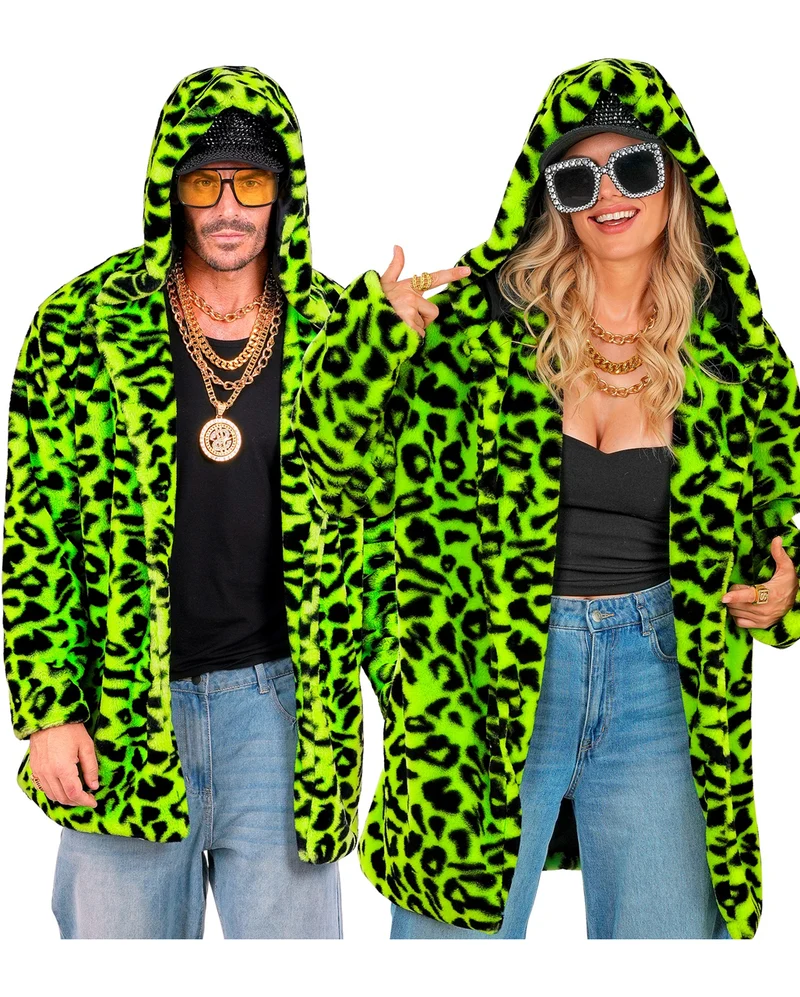 Neon Grüne Lepoarden Plüschjacke mit Kapuze