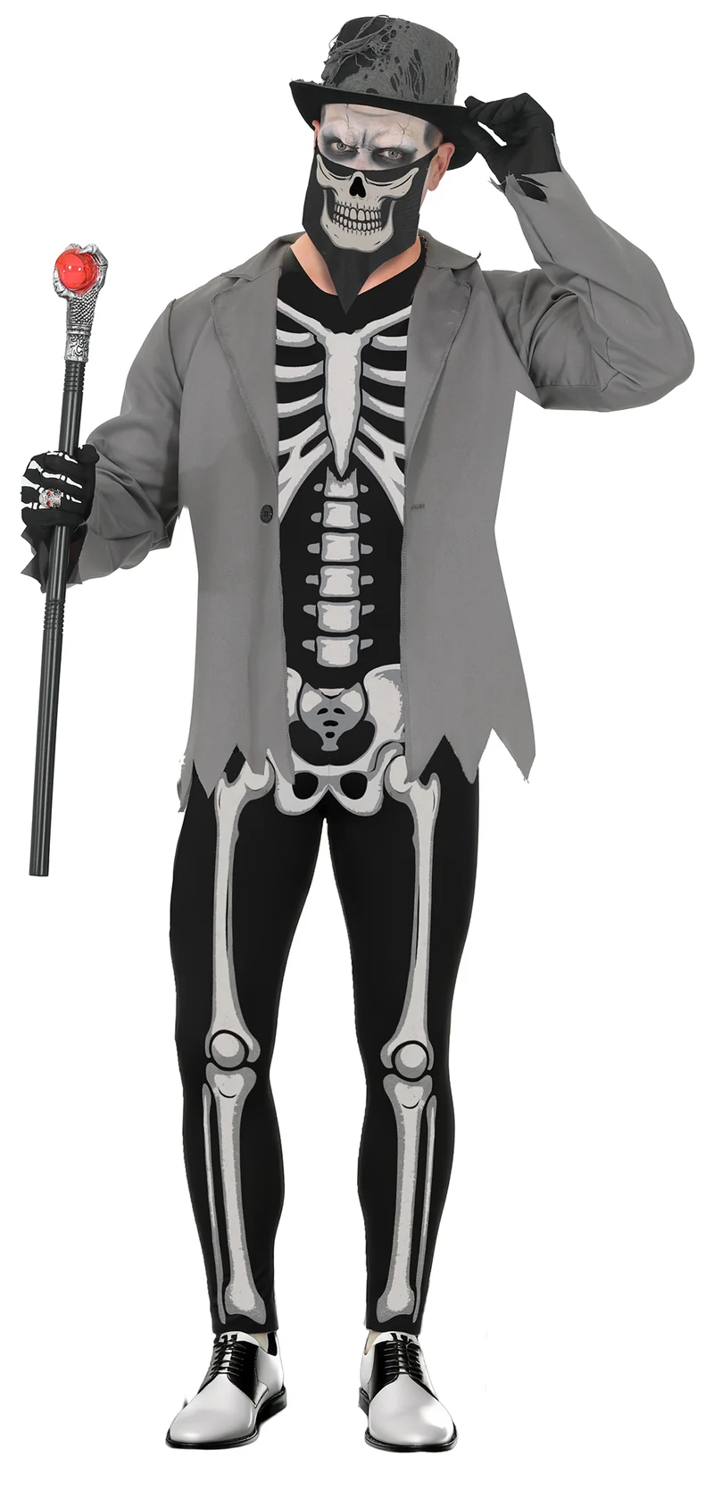Skelet Kostuum Heren – Horror Skeleton Suit met Jas, Jumpsuit & Sjaal