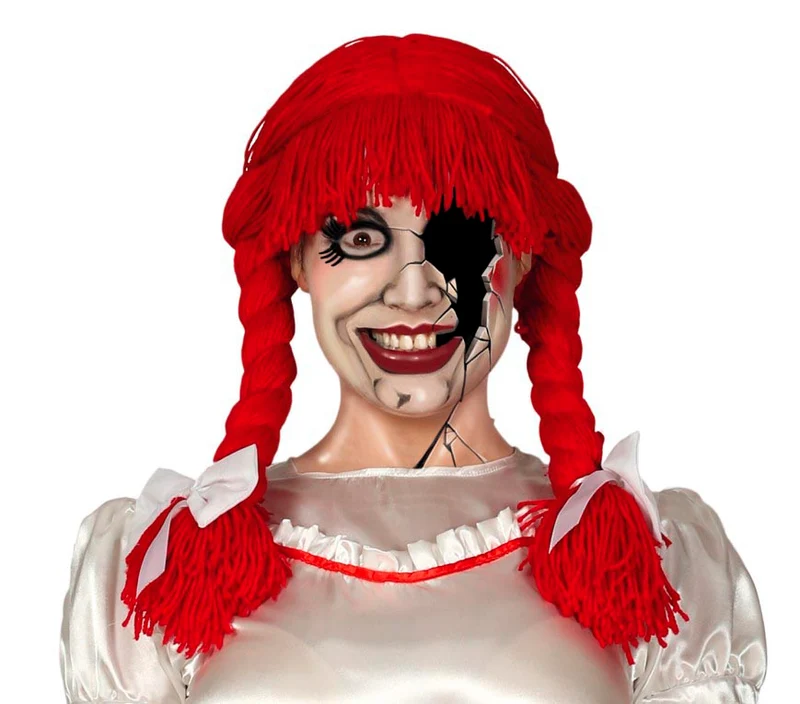 Rode Horror Pop Pruik met Vlechten – Creepy Doll Pruik