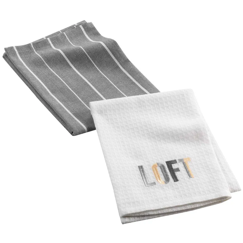 Küchentücher, 2-Set, 1x Weiß Waffelstrucktur, 1x Grau/Weiß