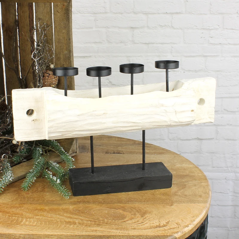Advenzkerzenständer, Holz massiv weiss, Metall schwarz