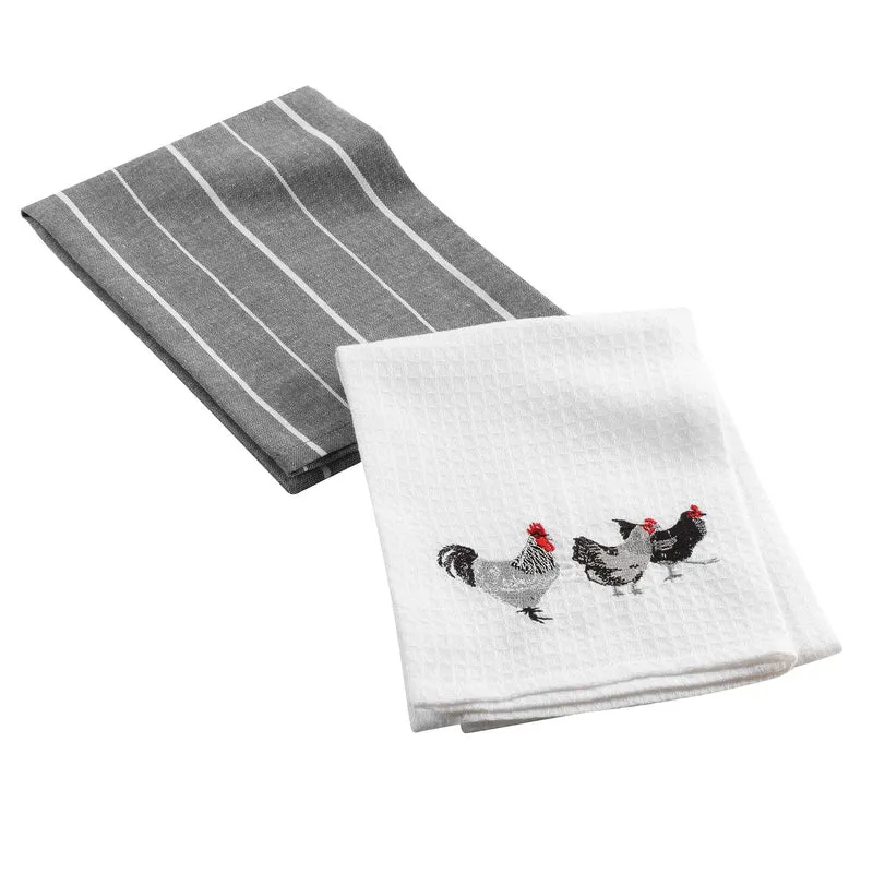 Küchentücher, 2-Set, 1x Grau/Weiß gestreift & 1x Weiß Waffelstrucktur Huhn