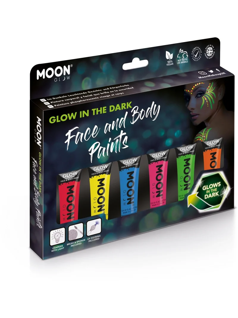 Glow in the Dark Schminkset - 6 Kleuren + Kwast, Spons & UV-Sleutelhanger