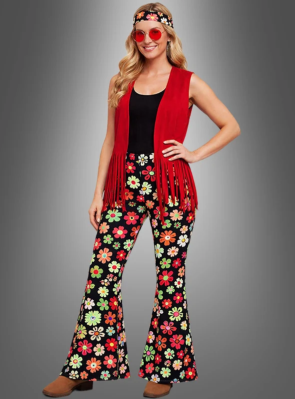 Hippie Kostüm Set Flowers rot mit Accessoires