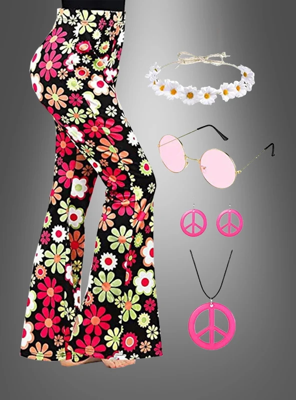 Flower Hippie Set pink Schlaghose und Zubehör