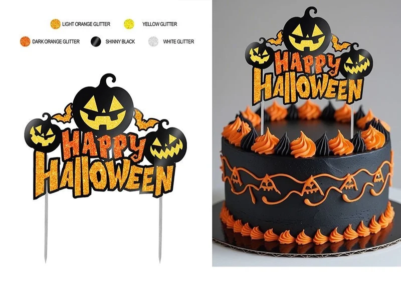 Halloween-Tortendekoration, schwarz-orange, mit Glitzer