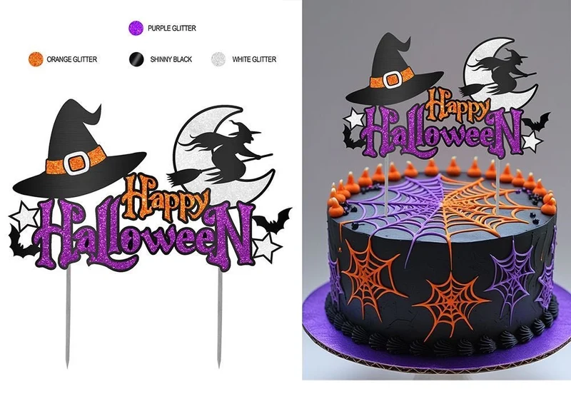 Halloween-Tortenfigur, orange-lila, mit Glitzer