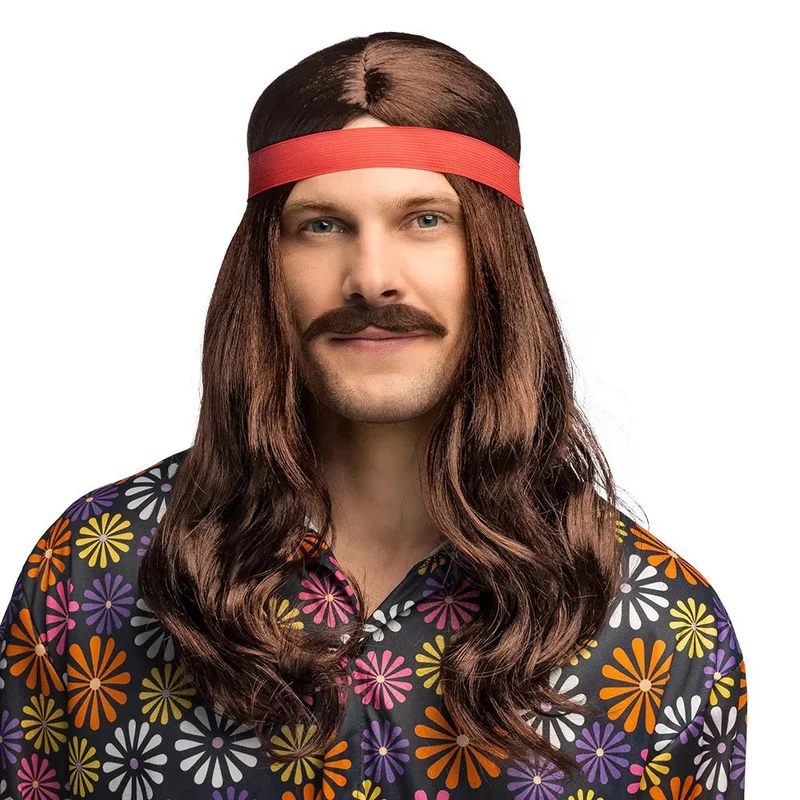 Braune, lange Perücke mit Haarband und Schnurrbart