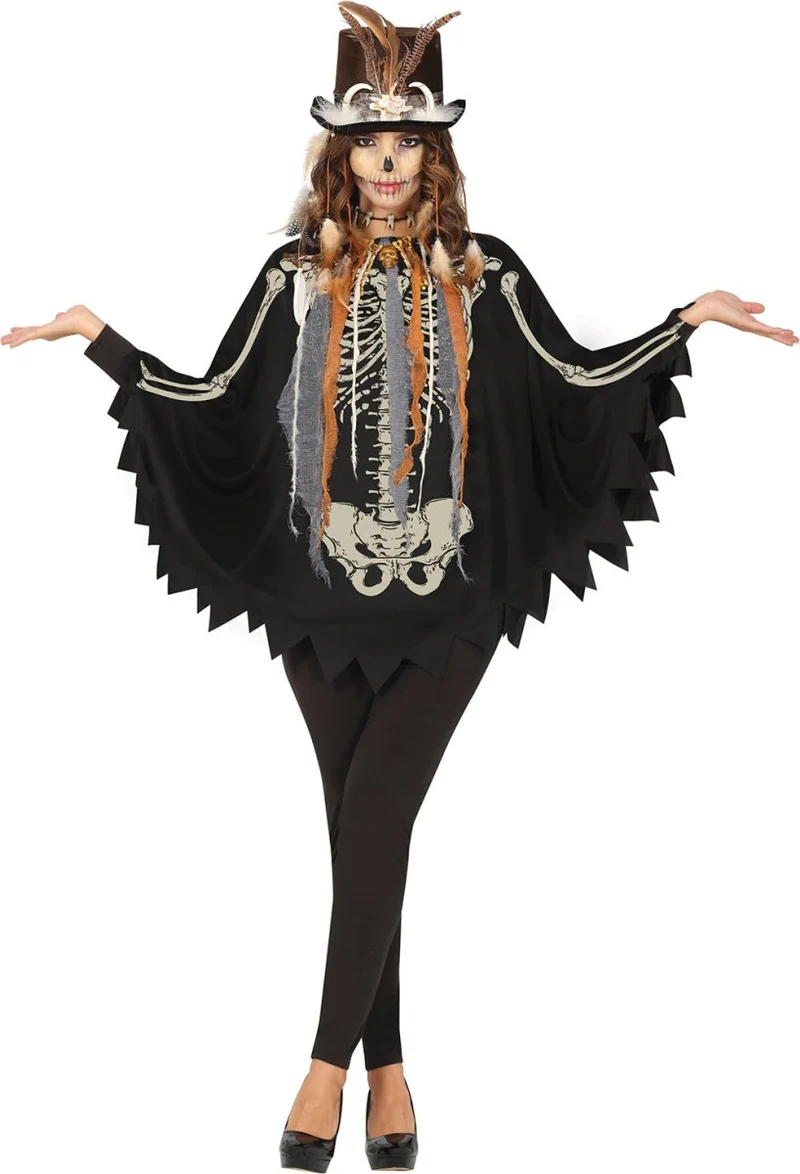 Poncho mit Skelett-Motiv, schwarz