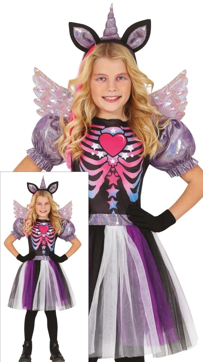 Einhorn-Kleid, schwarz-lila, für Mädchen, Skelett